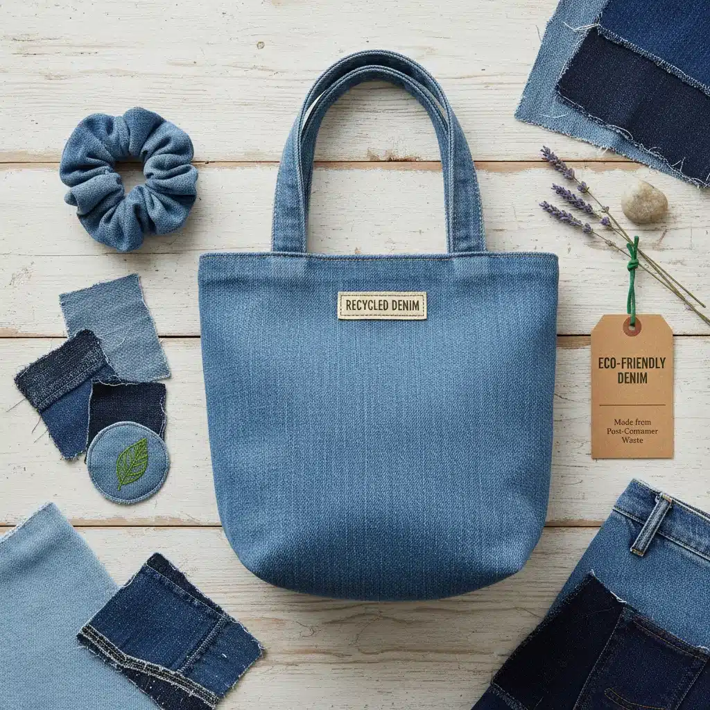 Sustainable denim accessories and fabric swatches promoting eco-friendly fashion.