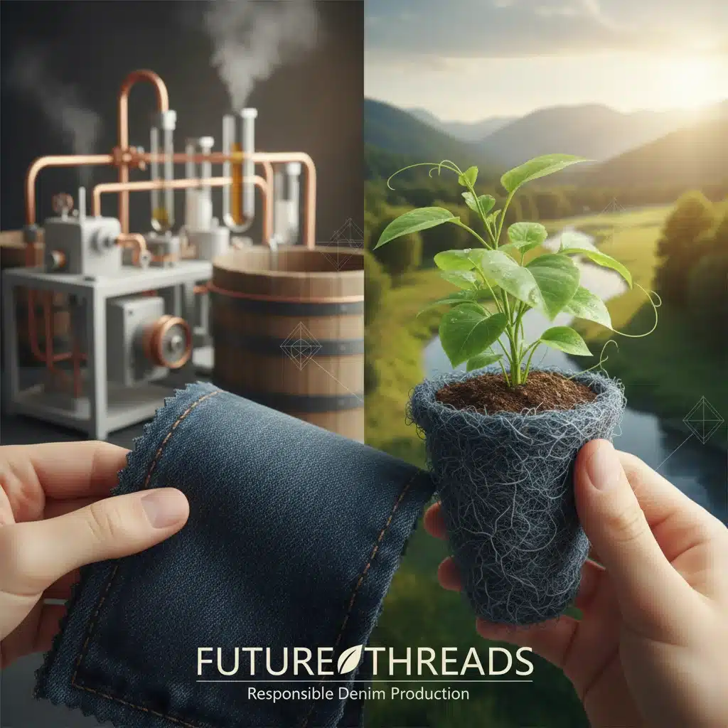 Conceptual image of sustainable denim production with raw fabric and a plant.