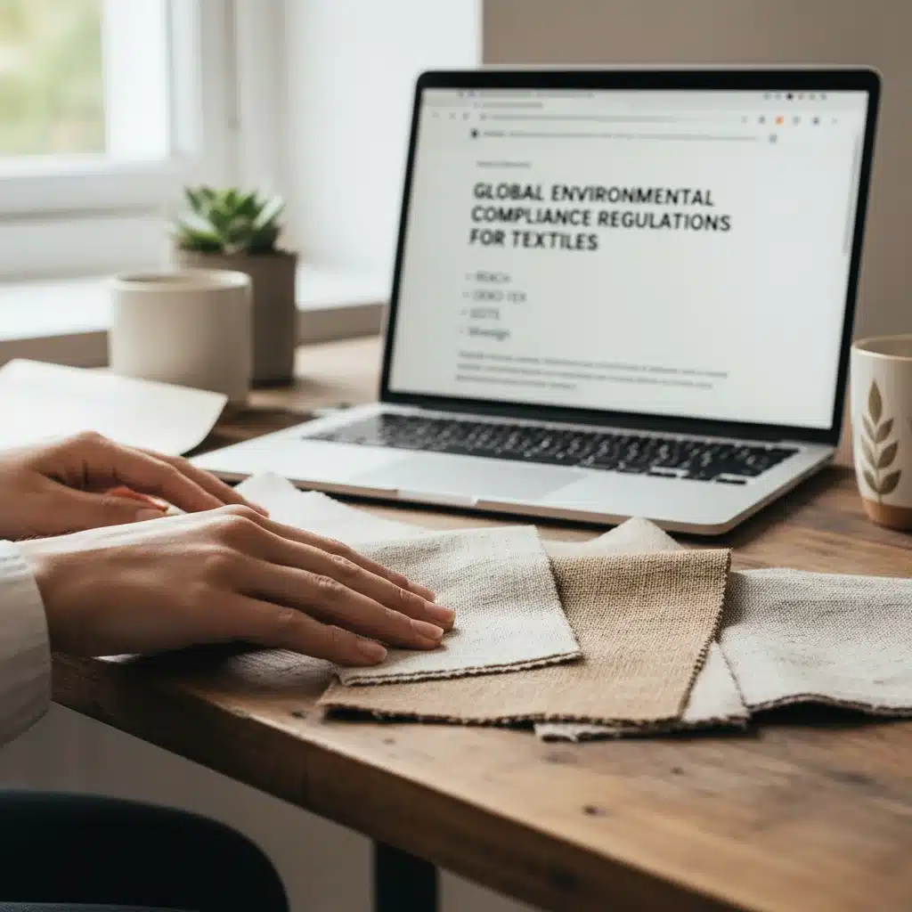 Designer reviewing sustainable fabric choices and environmental regulations