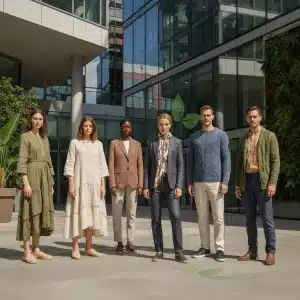 Diverse individuals wearing stylish sustainable fashion in an urban setting, representing eco-friendly wardrobe choices.