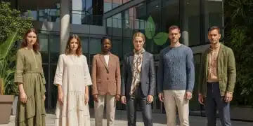 Diverse individuals wearing stylish sustainable fashion in an urban setting, representing eco-friendly wardrobe choices.
