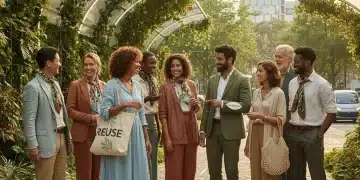Diverse individuals modeling sustainable clothing in a modern urban park