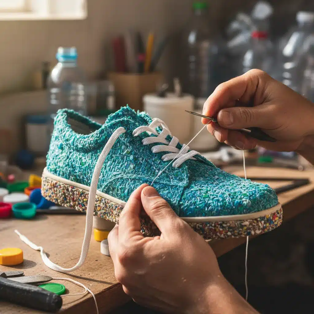Craftsperson stitching sustainable shoe from recycled materials