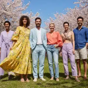 Models showcasing sustainable spring fashion in a vibrant outdoor setting, emphasizing eco-friendly style for 2026.