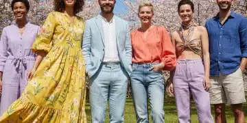 Models showcasing sustainable spring fashion in a vibrant outdoor setting, emphasizing eco-friendly style for 2026.