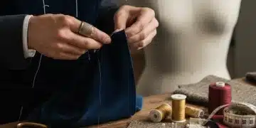 Professional tailor's hands working on a garment, symbolizing precision tailoring.