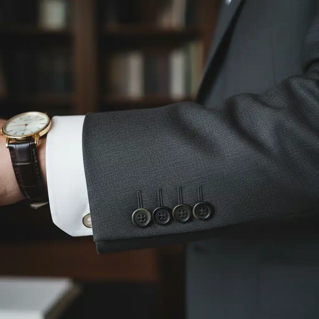 Perfectly tailored suit jacket sleeve with ideal cuff length.