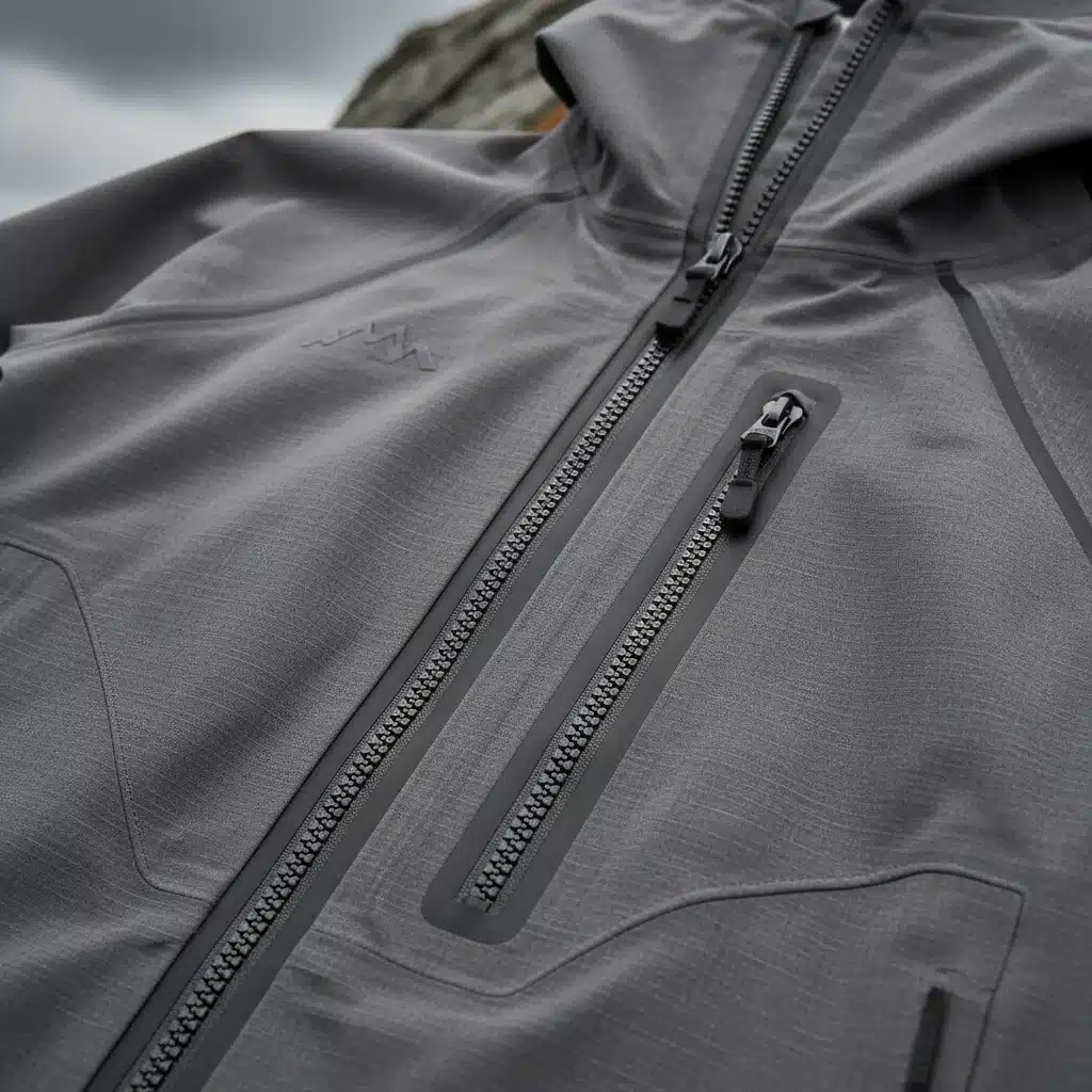 Close-up of technical parka waterproof fabric and seams