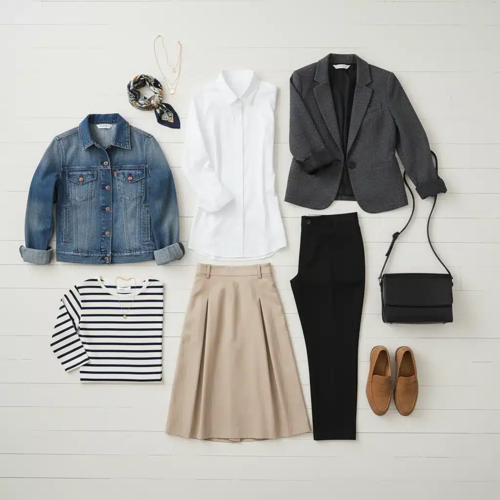 Flat lay of 10 versatile clothing items forming a capsule wardrobe