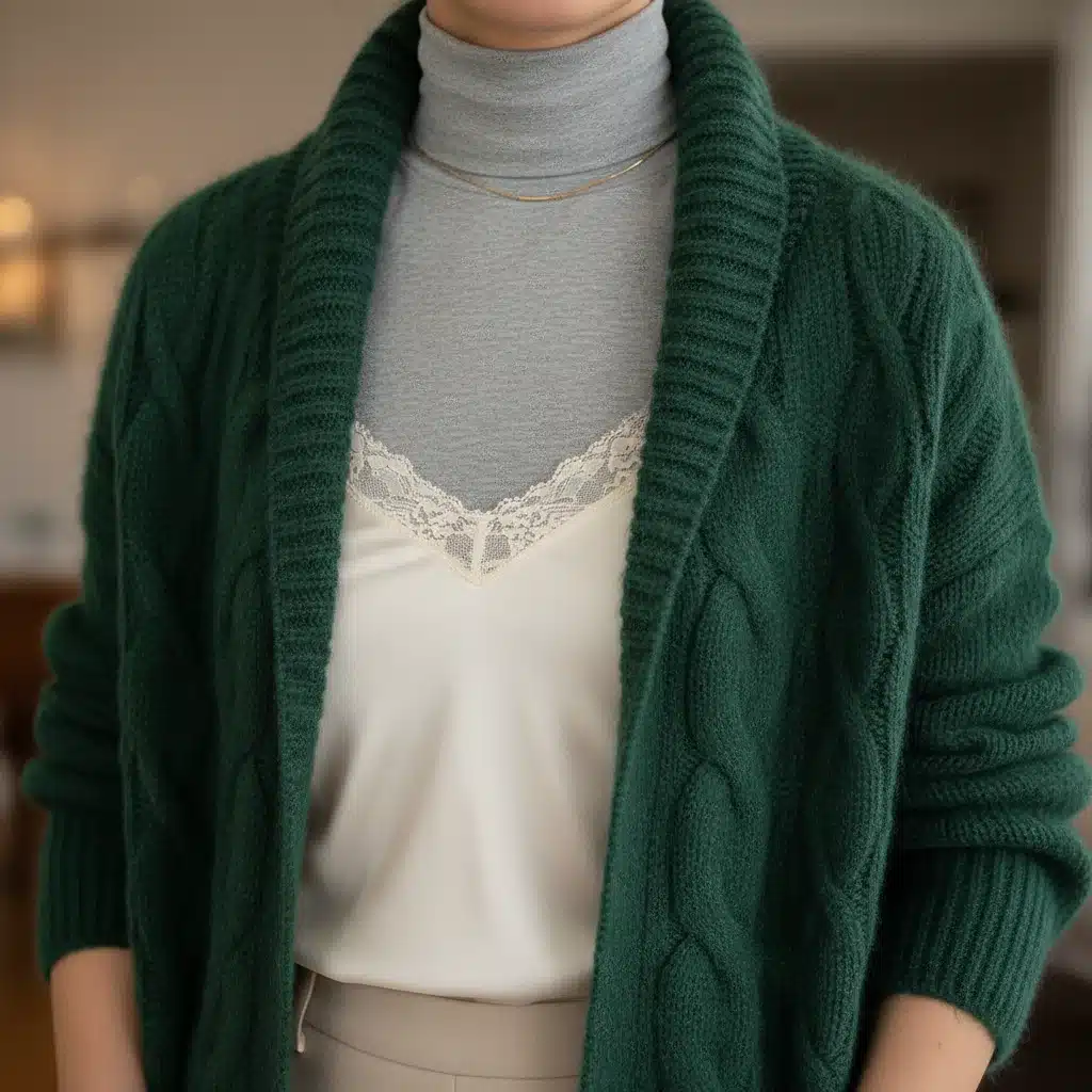 Close-up of thin-to-thick layering with camisole, turtleneck, and cardigan