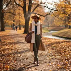 Stylish person in light trench coat, scarf, and ankle boots for transitional weather