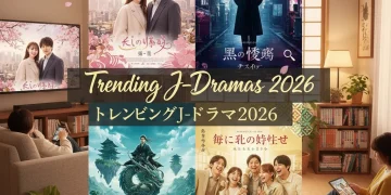 Collage of trending J-Dramas 2026 posters with people watching on screens