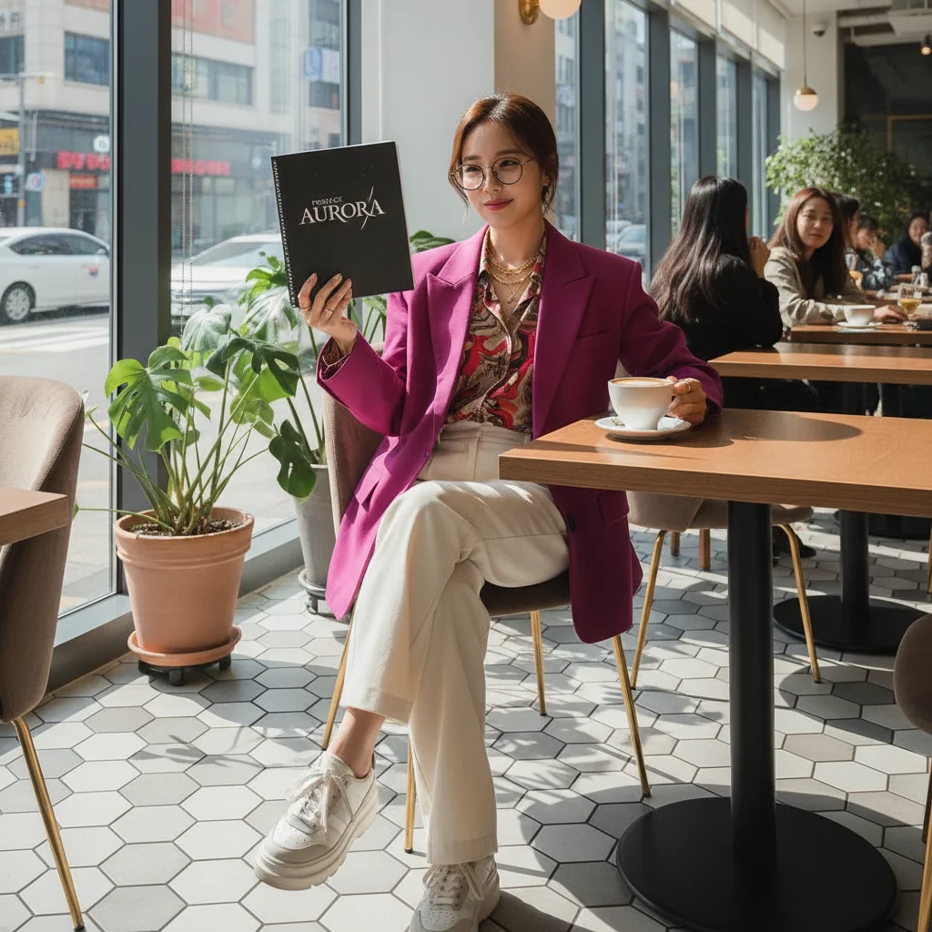 Stylish young Korean actress in a modern cafe, exuding charm and star quality, representing her growing popularity.