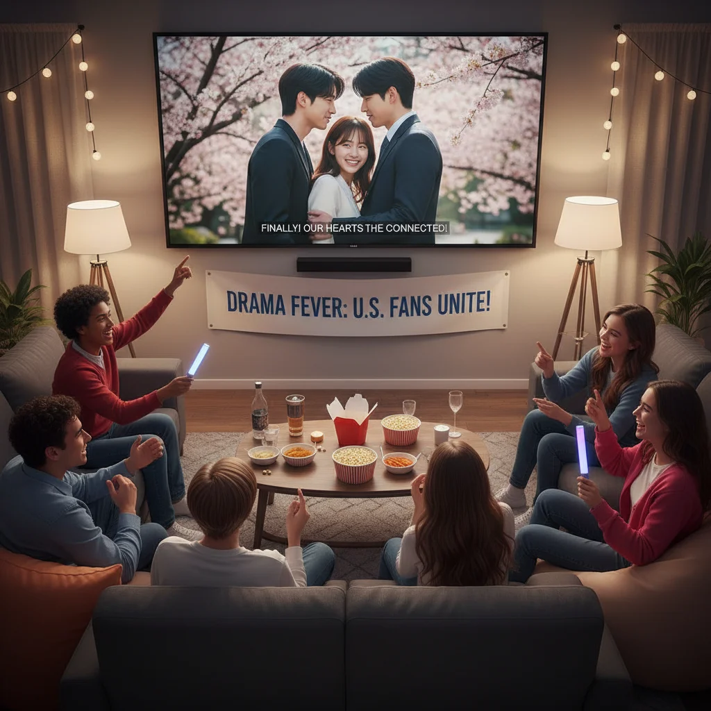 U.S. audience members watching an Asian drama with subtitles, showing engaged and happy reactions.
