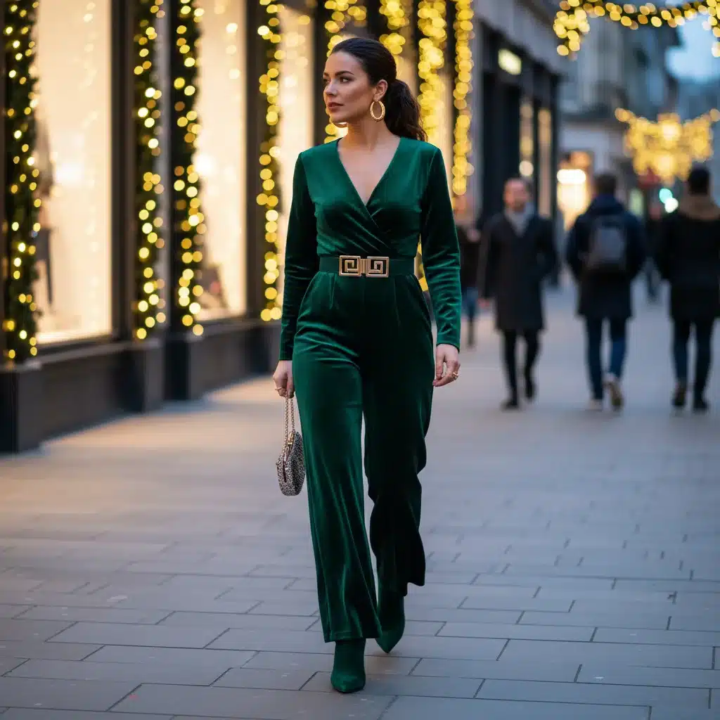 Elegant velvet jumpsuit with a statement belt for a chic holiday look