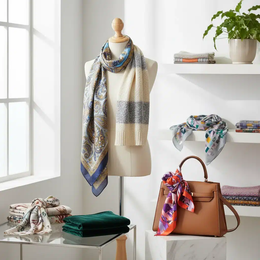 Collection of versatile scarves in different patterns and fabrics, including one tied to a handbag.