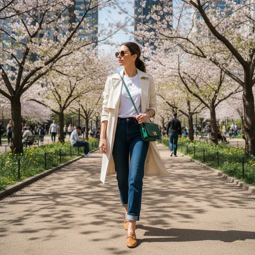 Woman wearing versatile spring capsule wardrobe outfit in park