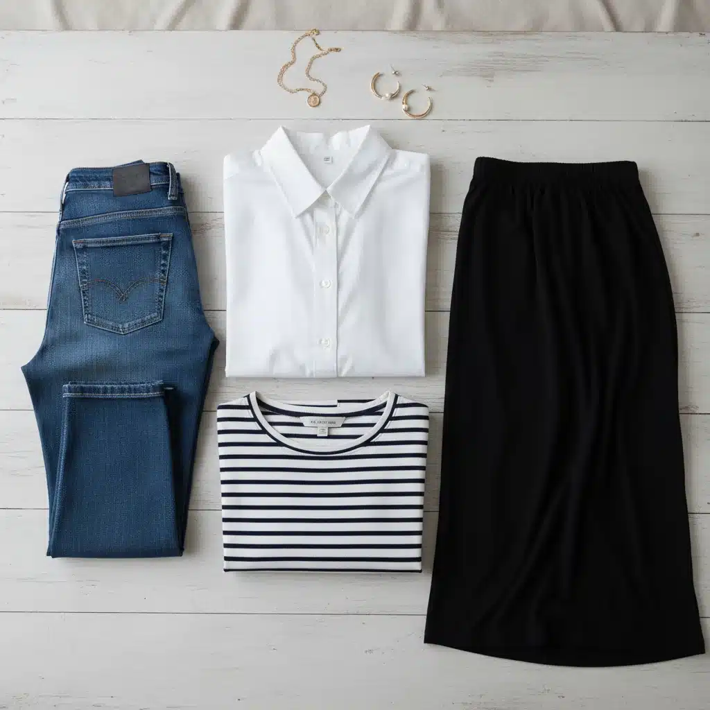 Versatile wardrobe staples for a budget-friendly fashion update, neatly arranged