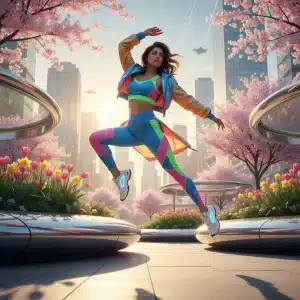 Woman in vibrant athleisure outfit in a city park at sunrise