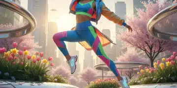 Woman in vibrant athleisure outfit in a city park at sunrise