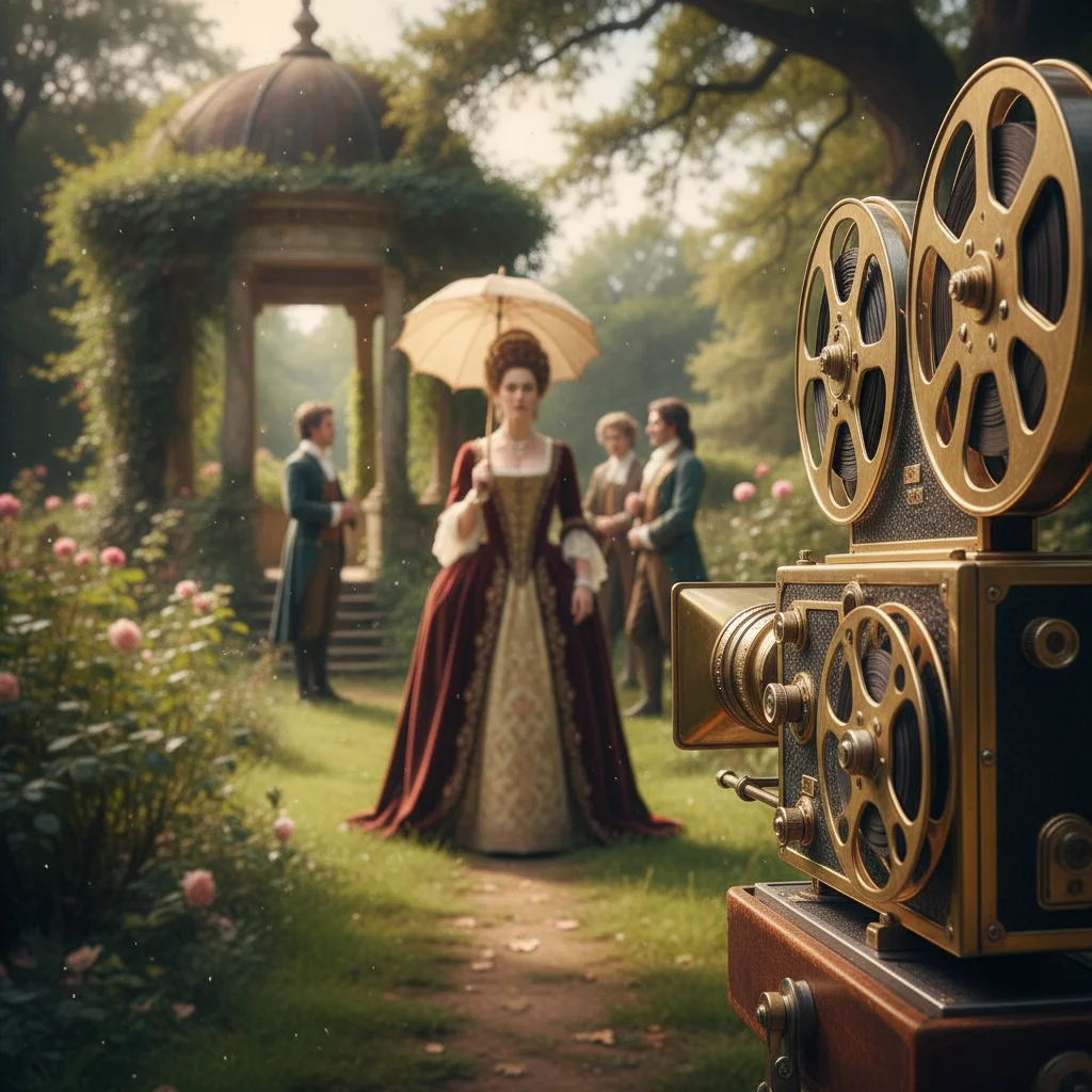 Vintage camera filming a scene in a historical setting, depicting a period drama.