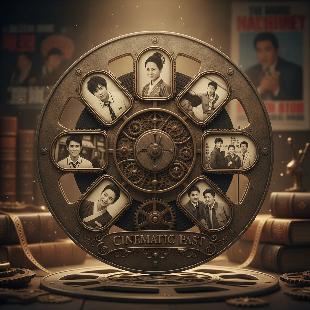 Film reel with images of various dorama actors in their first significant roles, representing a nostalgic look back.