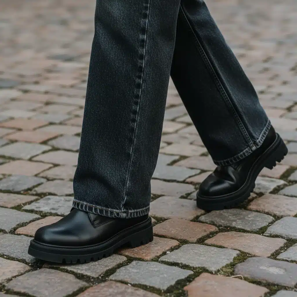 Styling dark wash wide-leg denim jeans with platform boots.