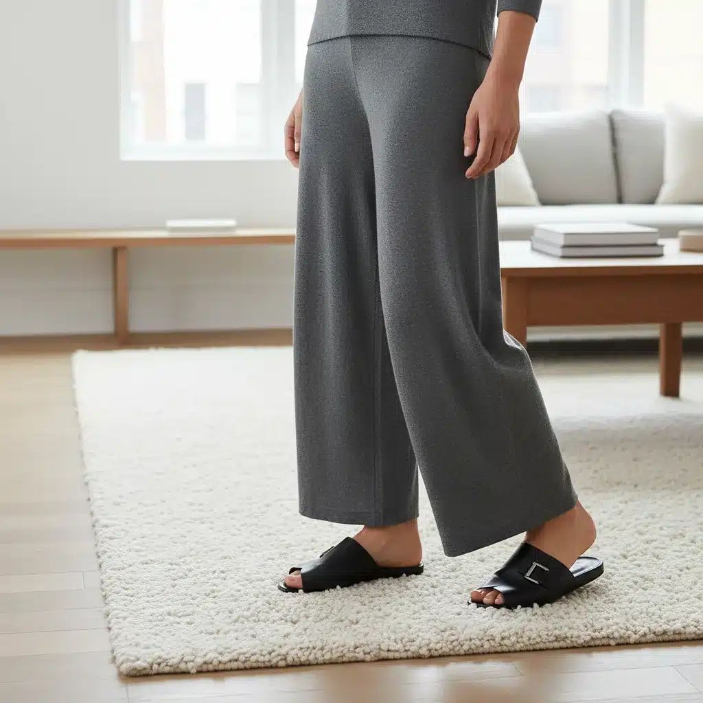 Comfortable wide-leg trousers and slippers for home office