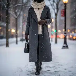 Stylish person in long wool coat and scarf walking through snowy city