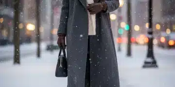Stylish person in long wool coat and scarf walking through snowy city