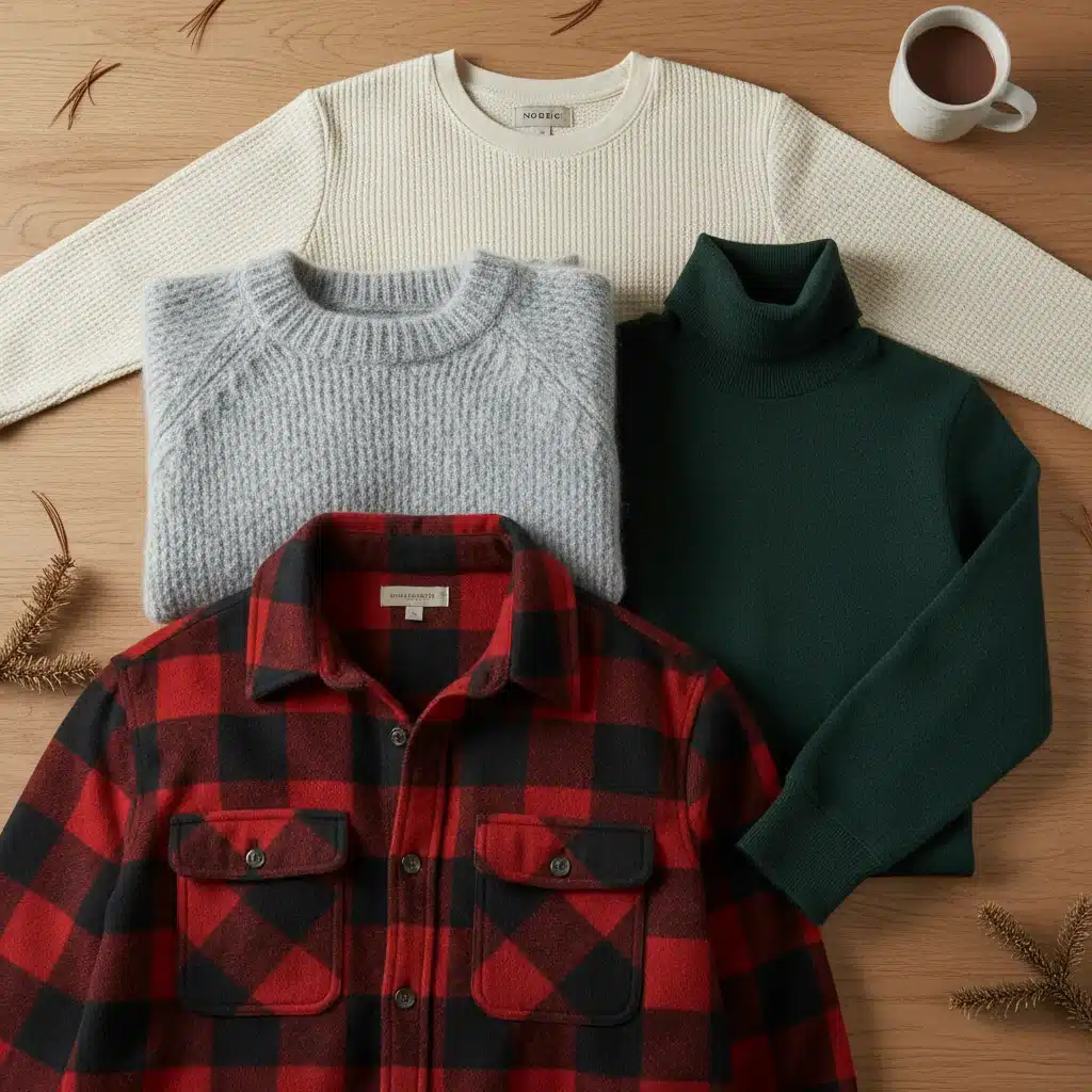 Flat lay of diverse thermal and wool layering pieces for winter