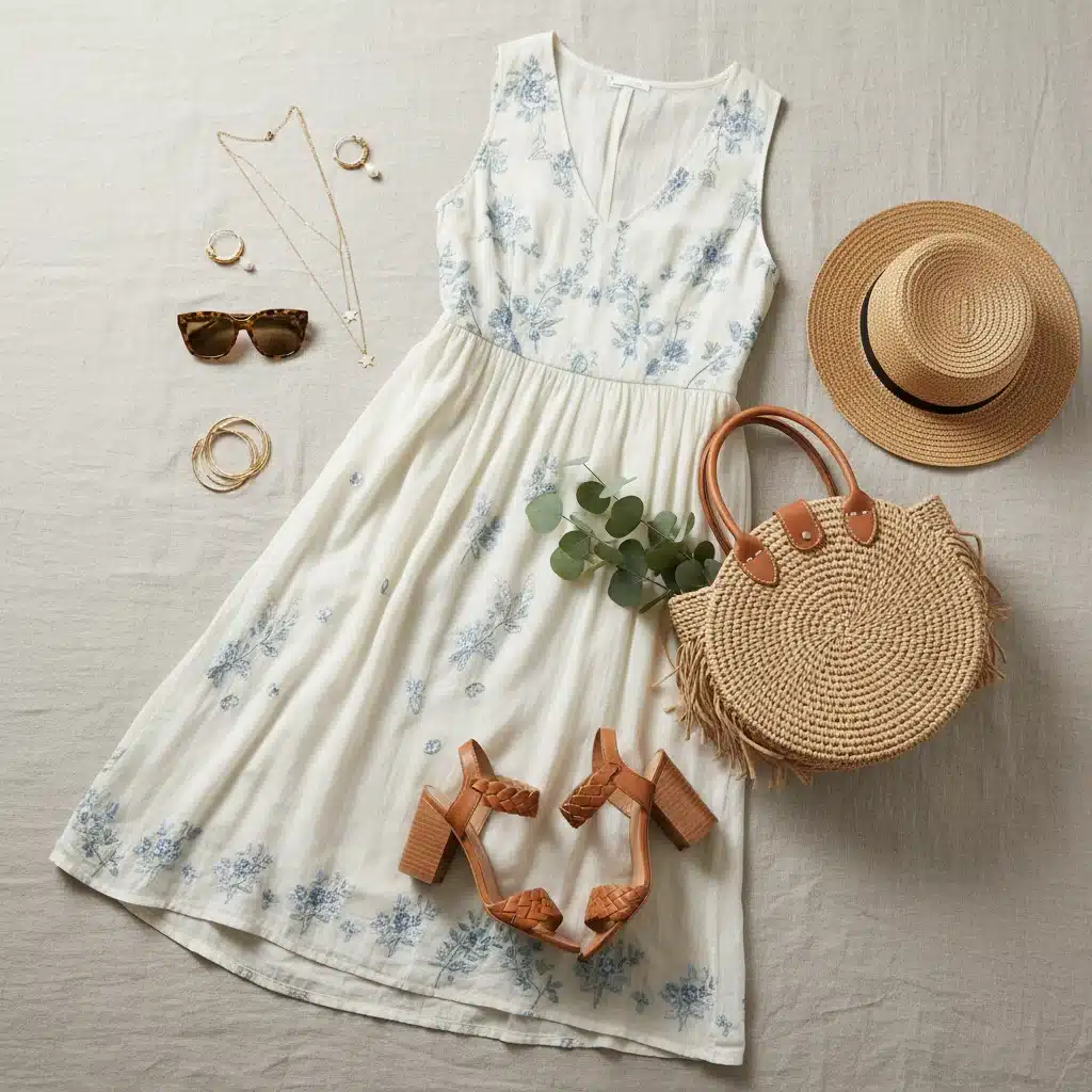Brunch outfit flat lay with midi dress and straw bag