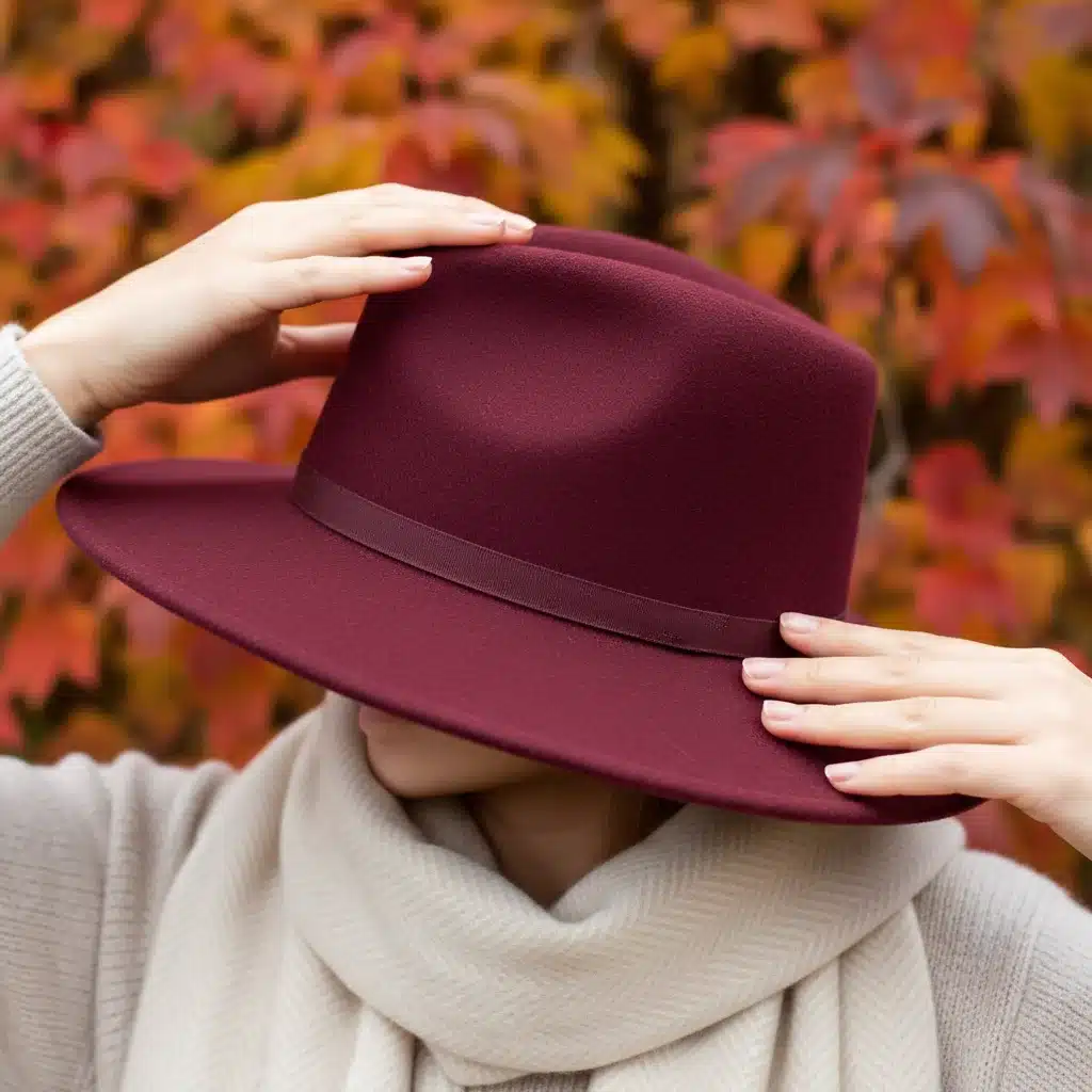 Person adjusting a burgundy wide-brimmed felt hat, showcasing fall accessory.