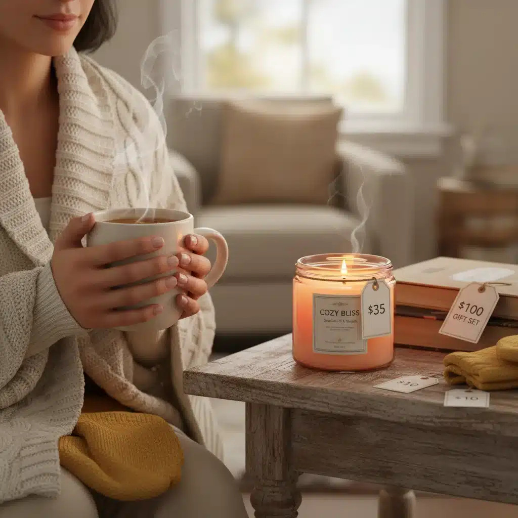 Cozy person enjoying a soft blanket and warm mug, highlighting a comfort gift.