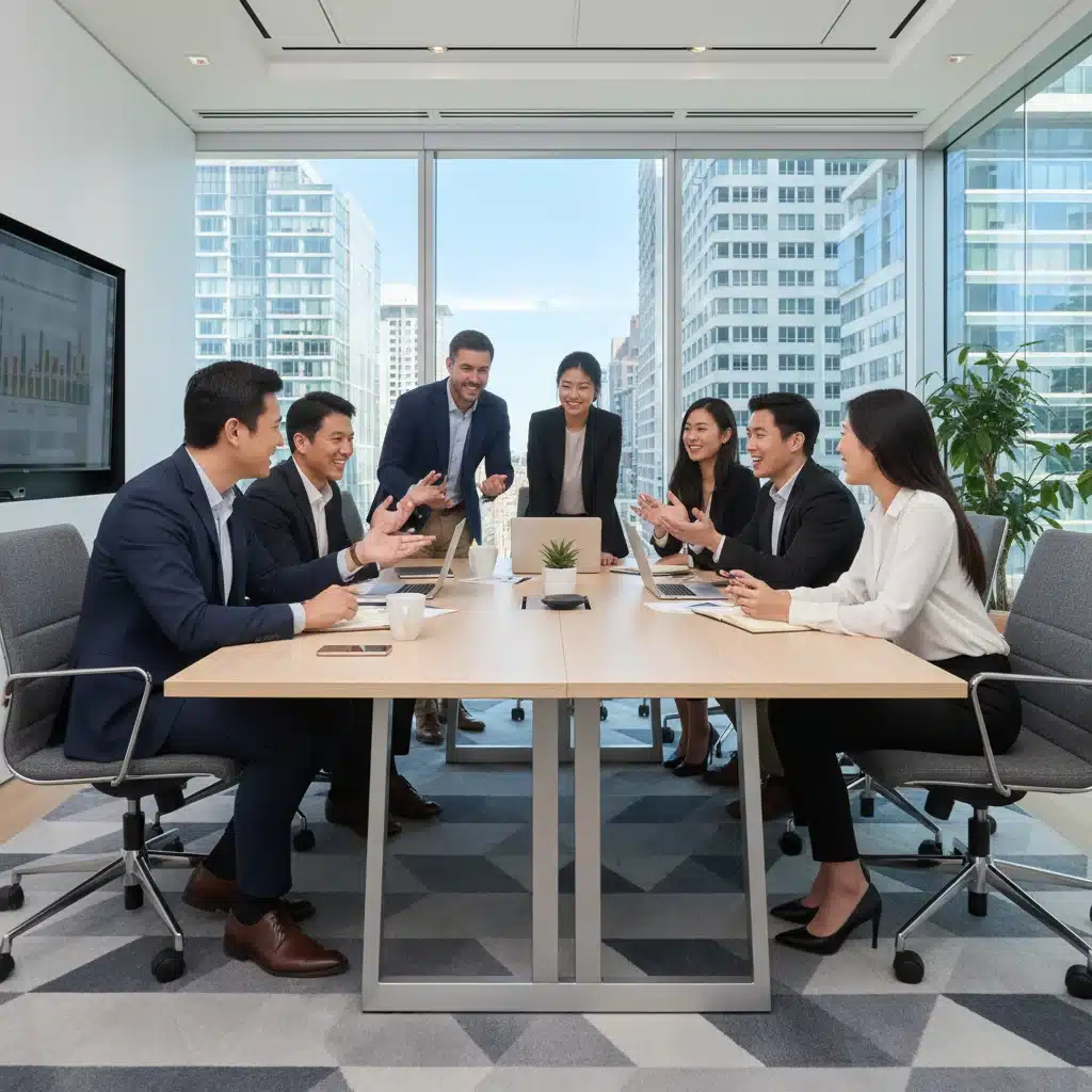 Diverse team collaborating in modern business casual