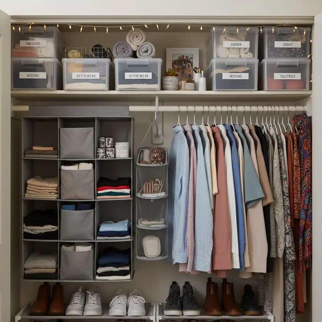 Efficient dorm room storage solutions with clear bins and hanging organizers.