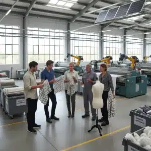 Emerging fashion designers collaborating with US manufacturing partners in a factory