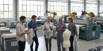 Emerging fashion designers collaborating with US manufacturing partners in a factory
