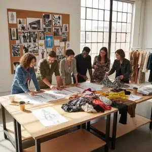 Emerging fashion designers collaborating on new designs in a studio, symbolizing creativity and potential.