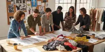 Emerging fashion designers collaborating on new designs in a studio, symbolizing creativity and potential.