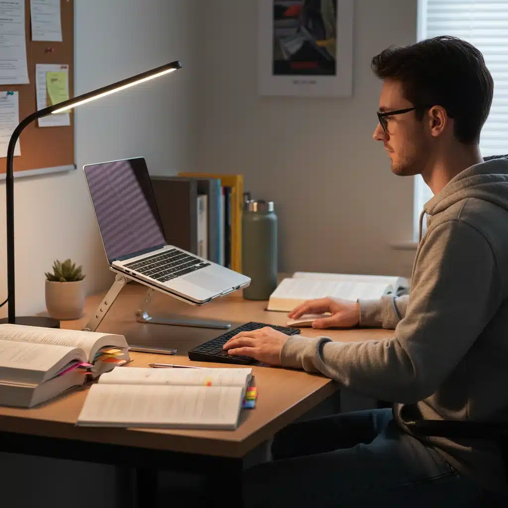 Student using an ergonomic laptop stand and smart lamp for productive study in dorm.