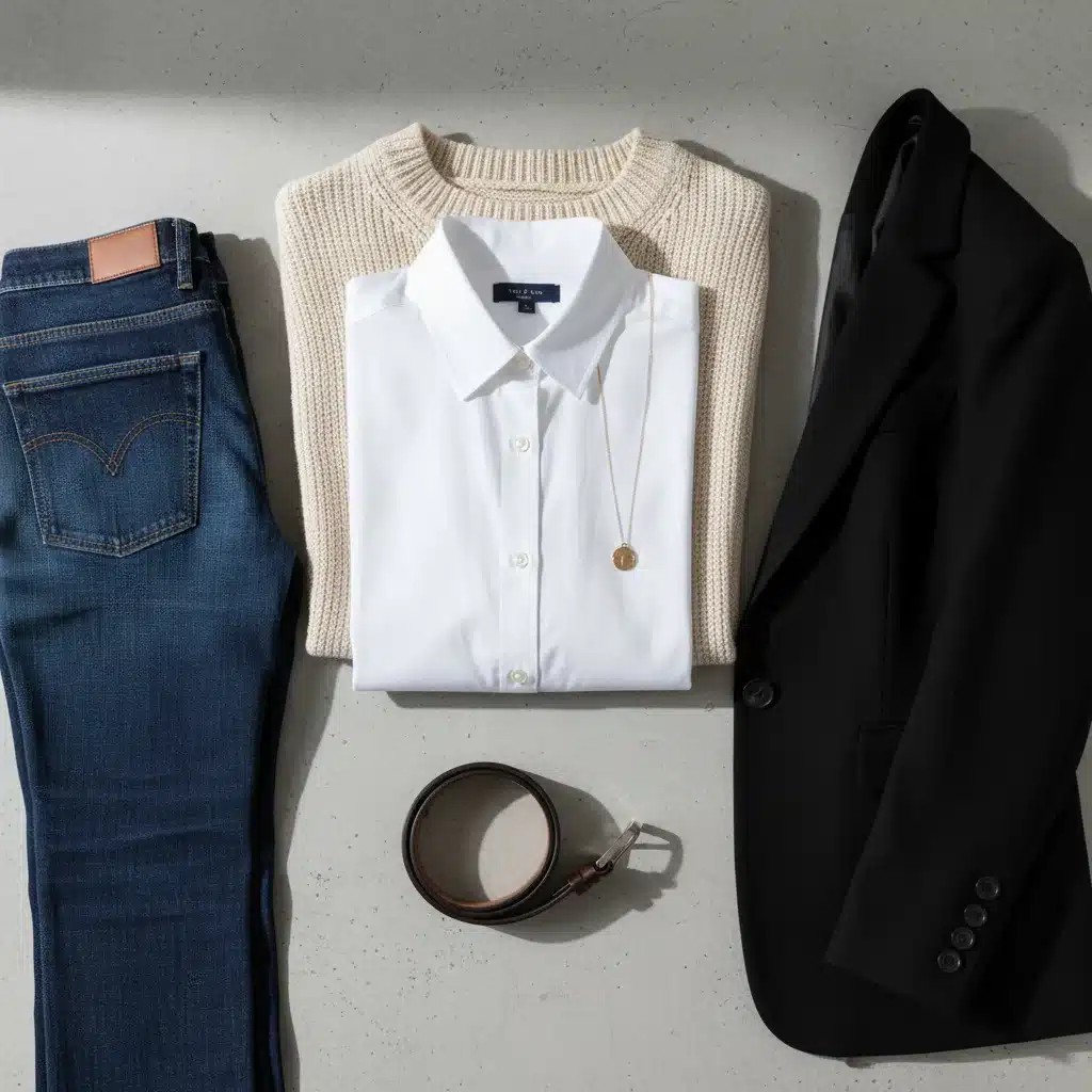 Flat lay of essential wardrobe pieces: white shirt, jeans, blazer, sweater