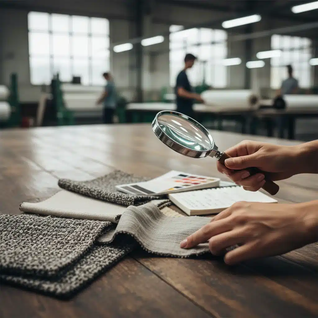Hands meticulously inspecting fabric samples for quality control