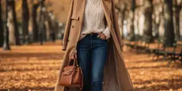 Woman in camel trench coat and chunky knit sweater, embodying fall fashion 2026.