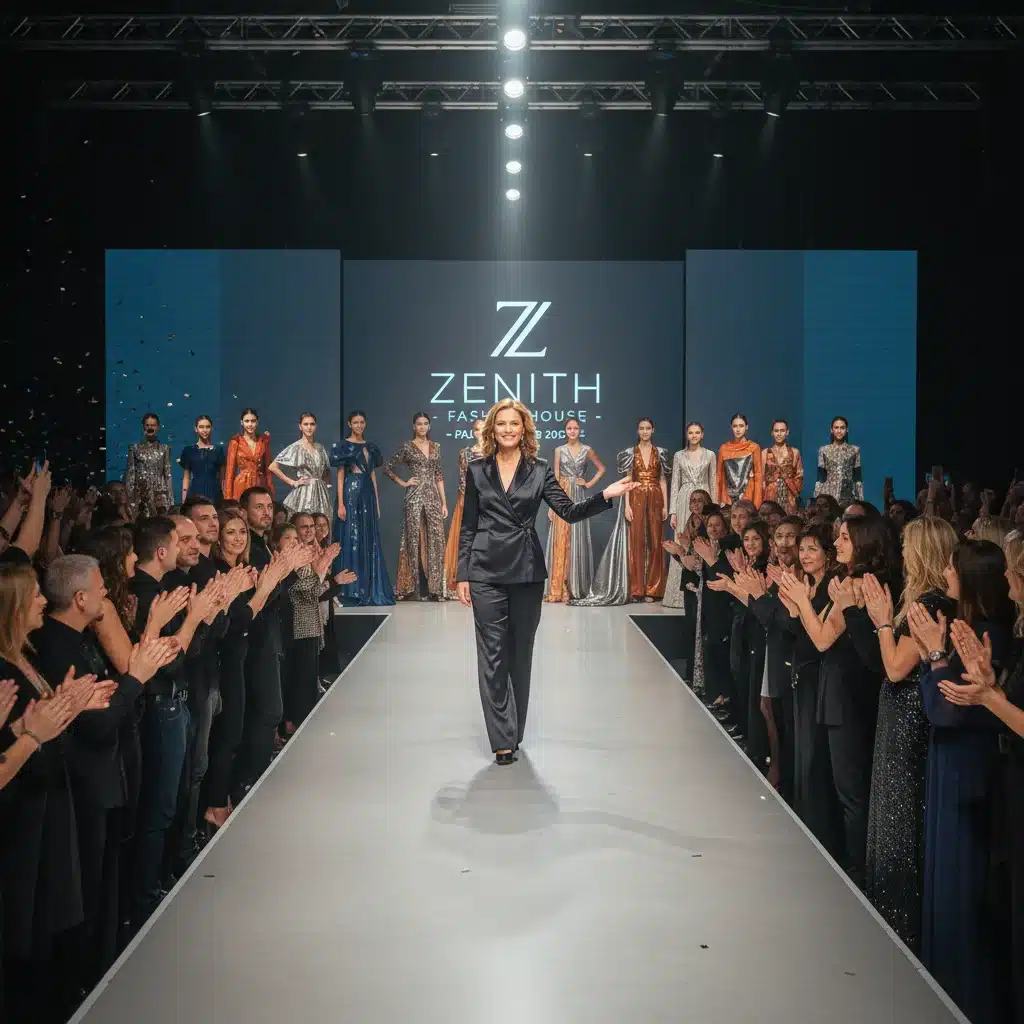 Fashion entrepreneur presenting collection on runway after receiving grant funding.