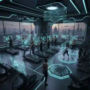 Futuristic gym with advanced fitness gear and individuals working out