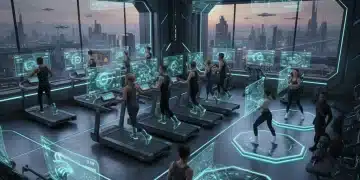 Futuristic gym with advanced fitness gear and individuals working out