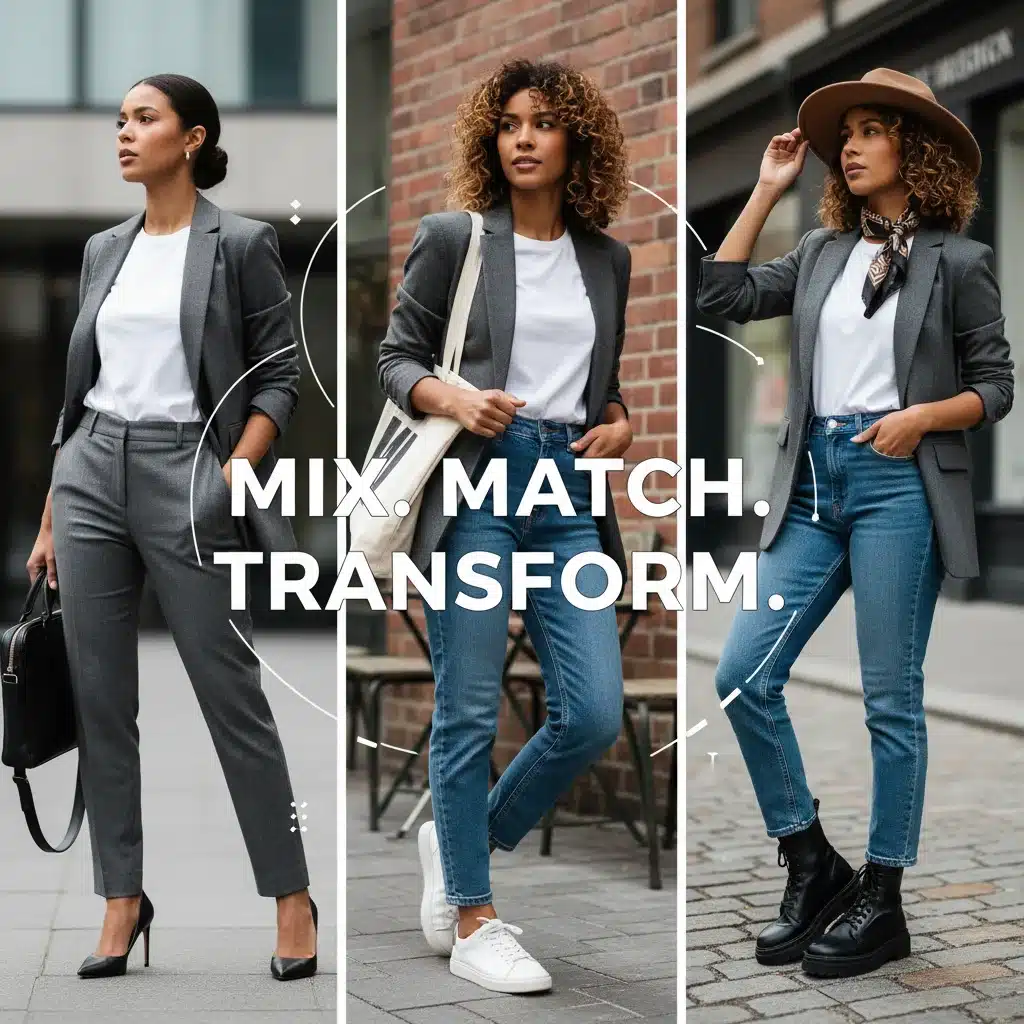 Collage of different outfits created from interchangeable core pieces