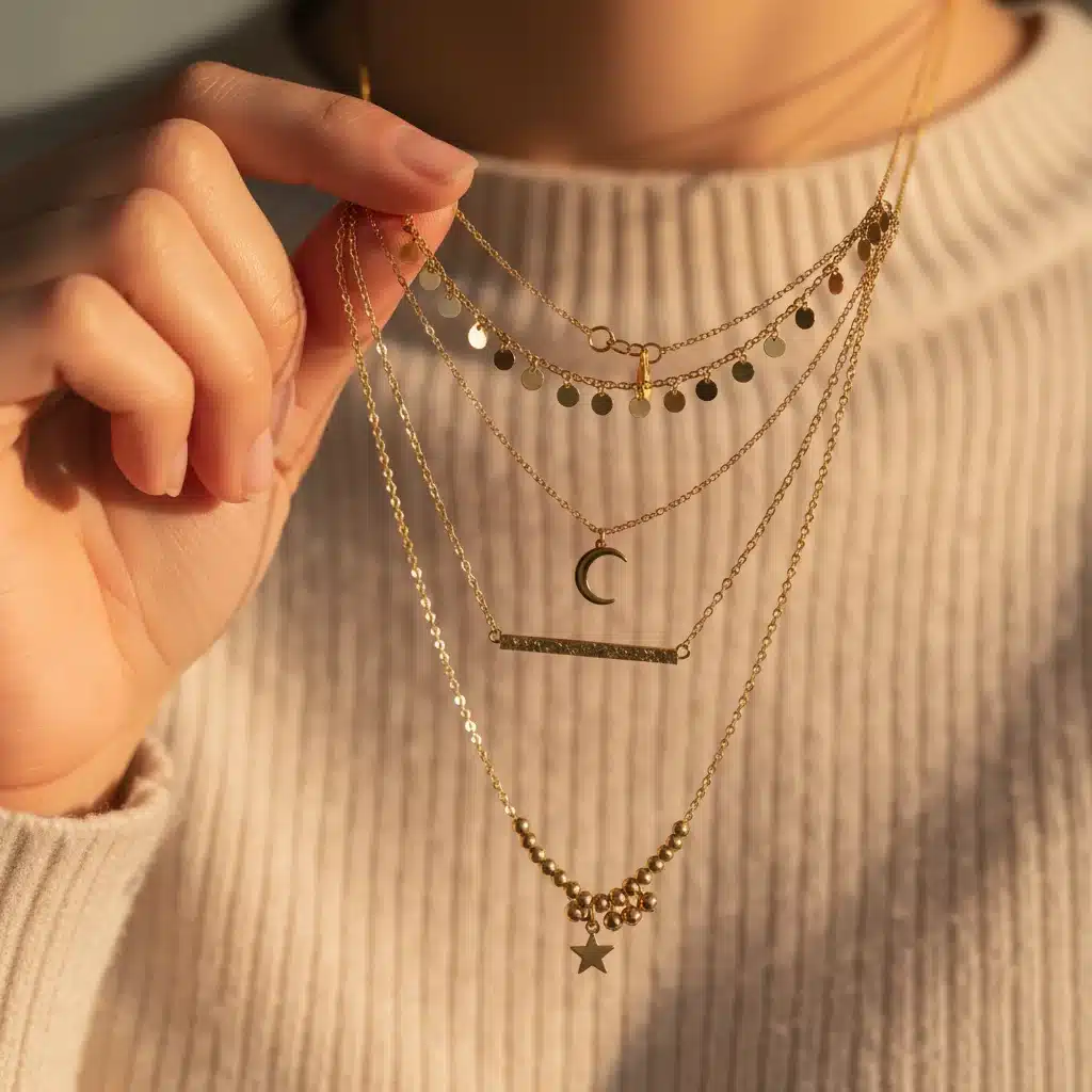 Layered gold necklaces creating a stylish 'neck mess'