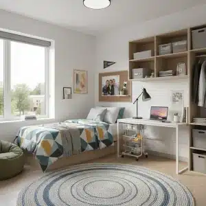 Modern college dorm room setup with essential items and stylish decor for 2026.